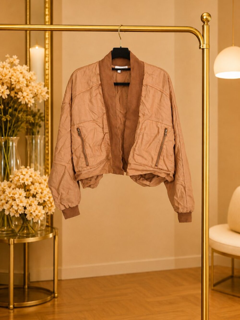 Fara Tencel Convertible Cropped Bomber Tanner Camel YFB Boho Open Front Jacket M